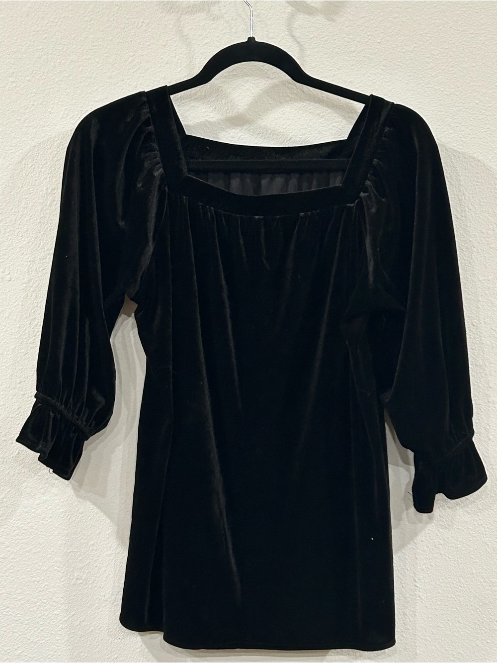 Classic Black Velvet Square-Neck Blouse with Puff Sleeves